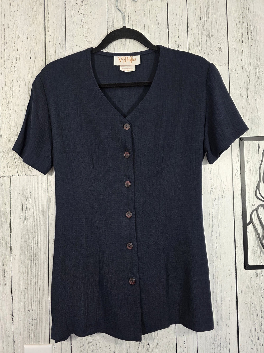 Vintage 90s V.I.Petites Navy Button Front Top Small Made in Canada Workwear